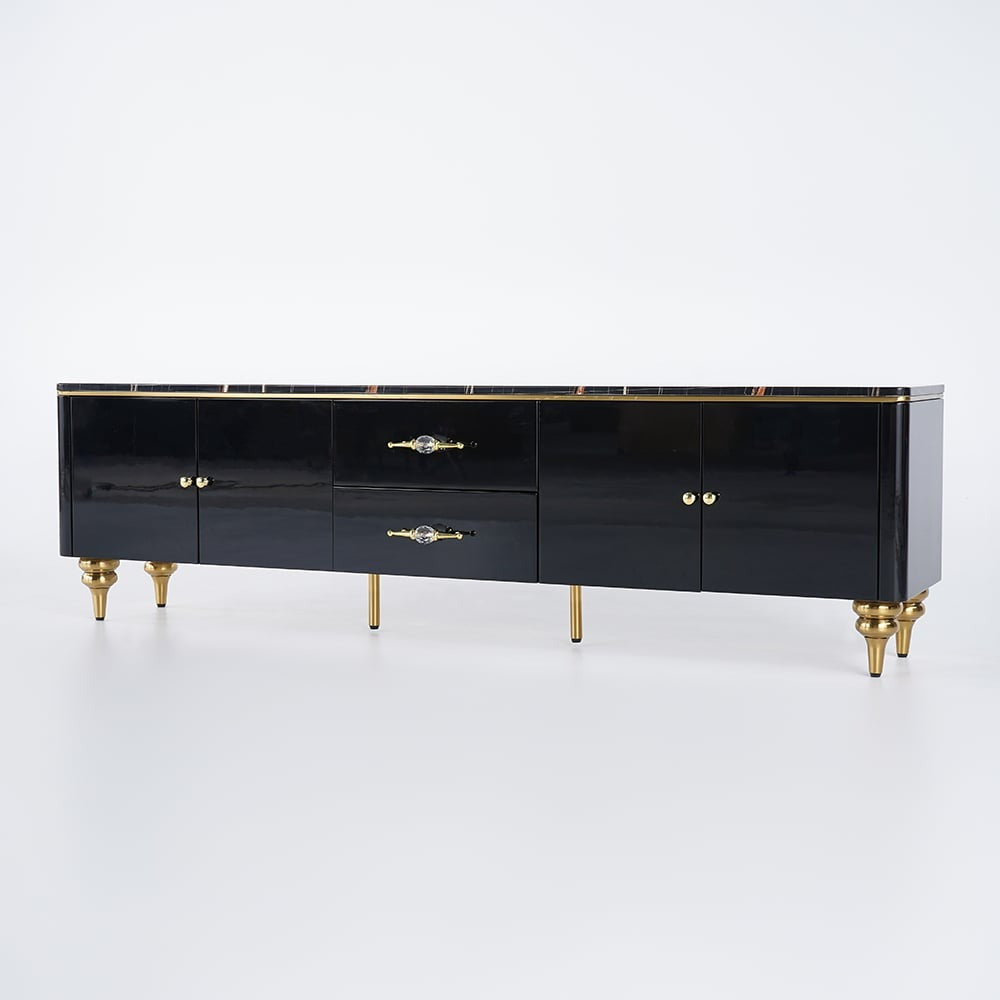 Premium black tv stand with gold handles and sturdy legs in a white background perfect for bedrooms and living rooms