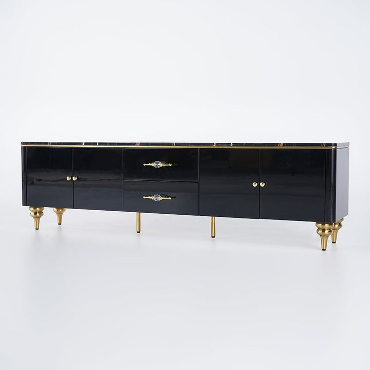 Premium black tv stand with gold handles and sturdy legs in a white background perfect for bedrooms and living rooms