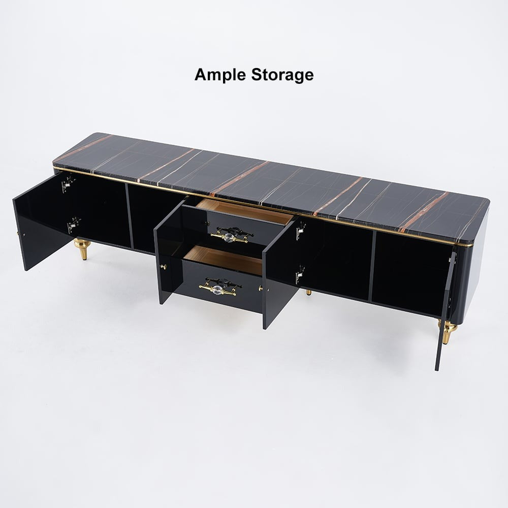 Premium high-gloss black tv stand with storage in a white background