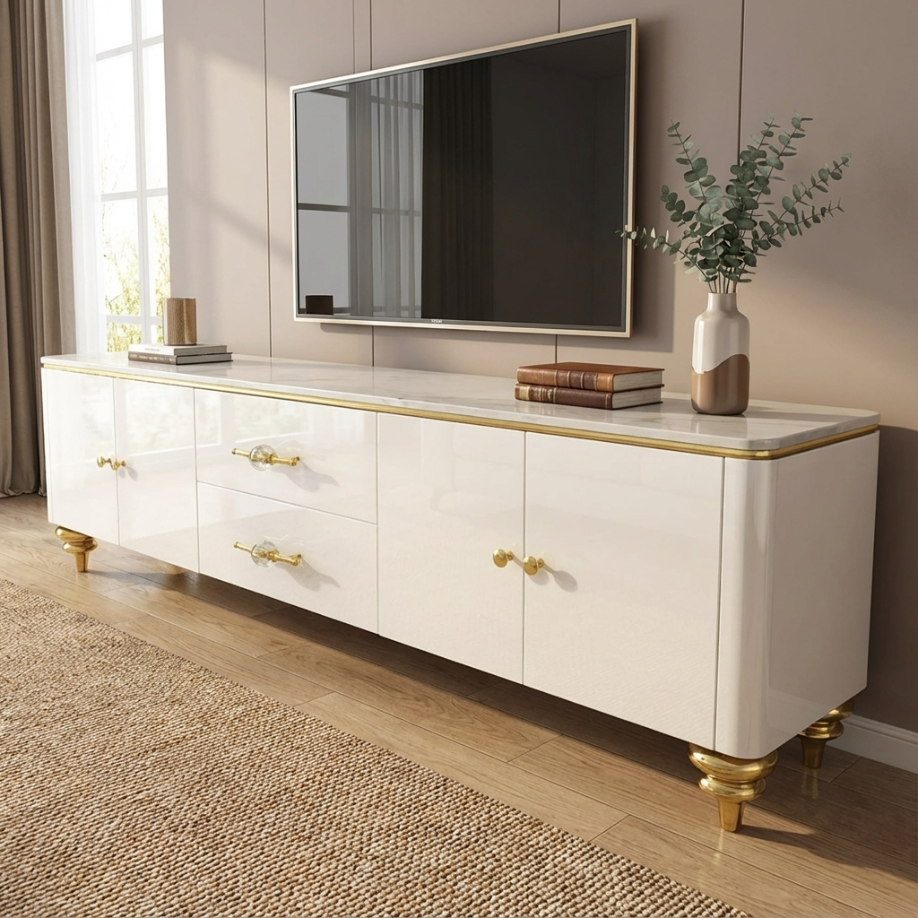 White entertainment console with gold accents and marble top in a living room setting.