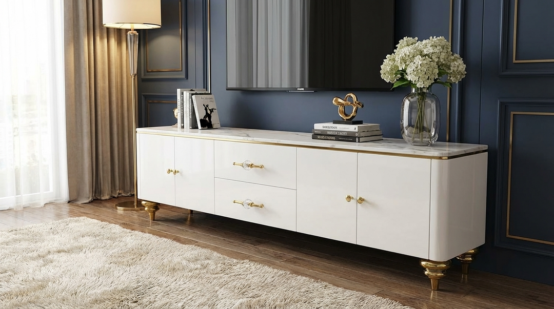 A white TV stand design with gold accents in a stylish room with dark walls and a lamp.