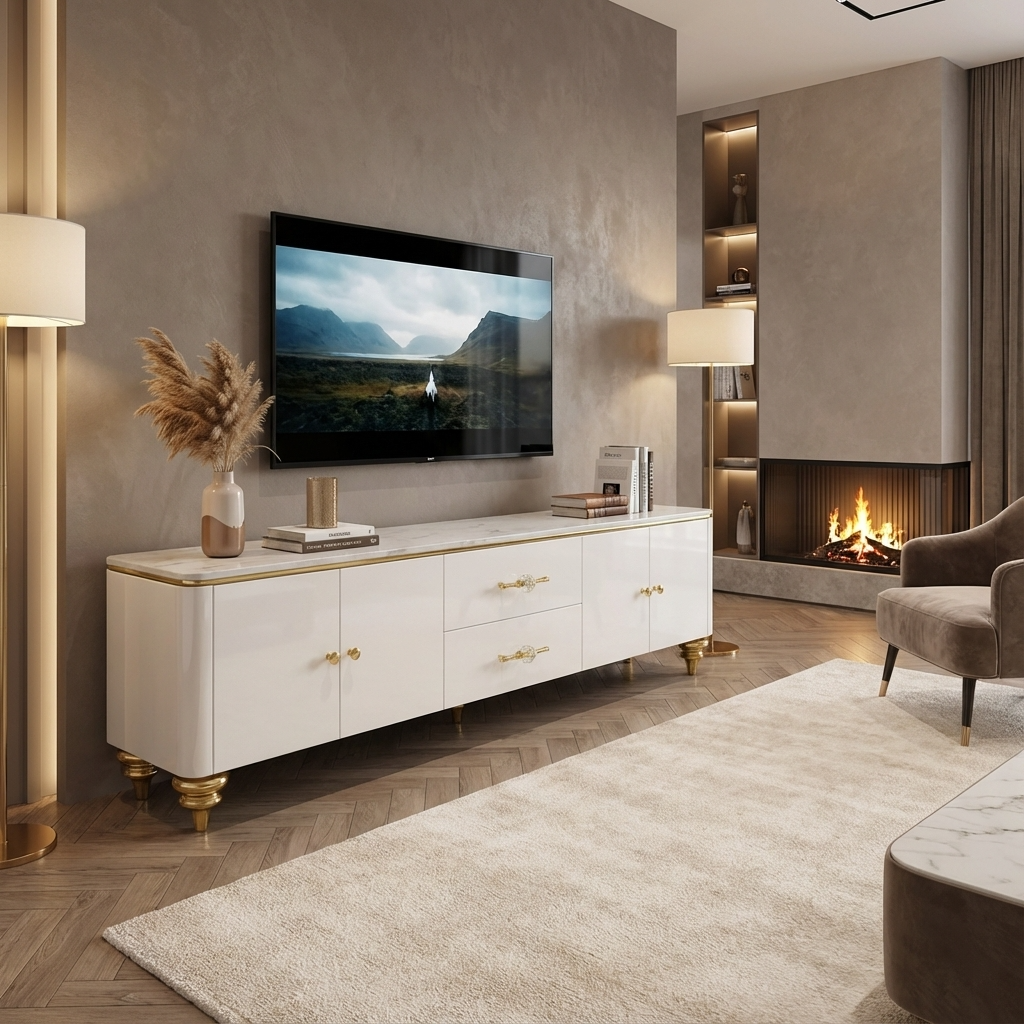 Modern living room with a modern marble-top white TV stand, TV, and fireplace.