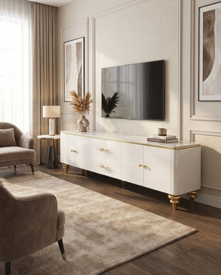 modern white high-gloss pu finish tv unit in living room with gold accent
