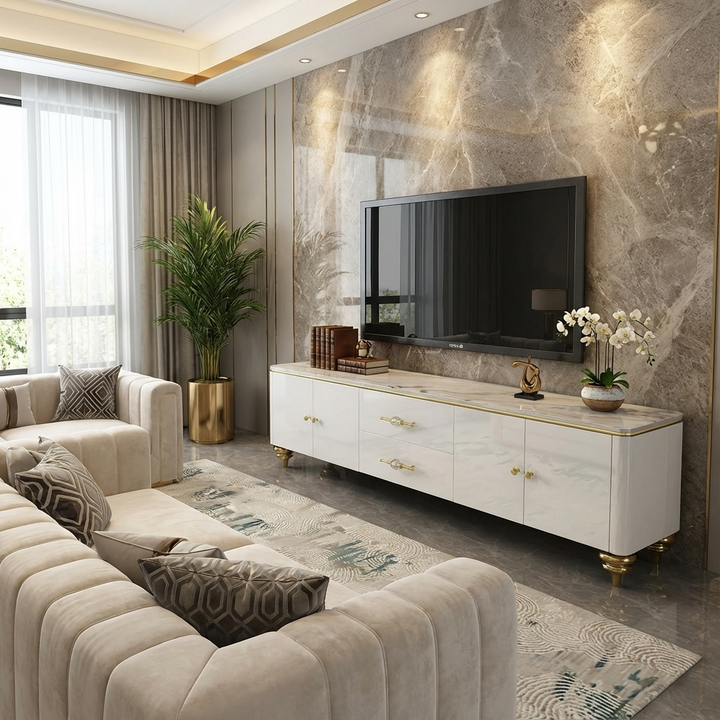 Modern living room with a beige sofa, a white high-gloss entertainment console, and a marble wall.