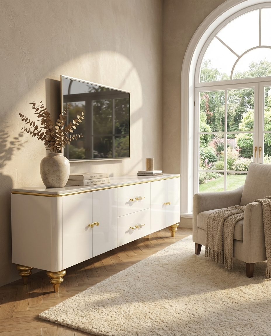 White tv unit with gold accents and marble top gives premium look in a living room setting
