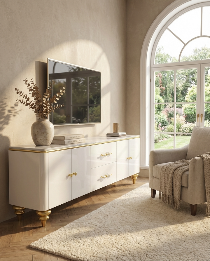 White tv unit with gold accents and marble top gives premium look in a living room setting