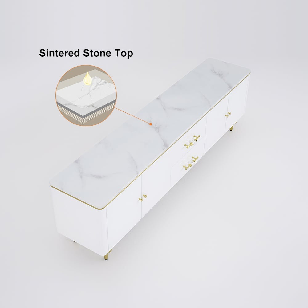 White luxury tv unit design with premium marble top and gold legs and handles