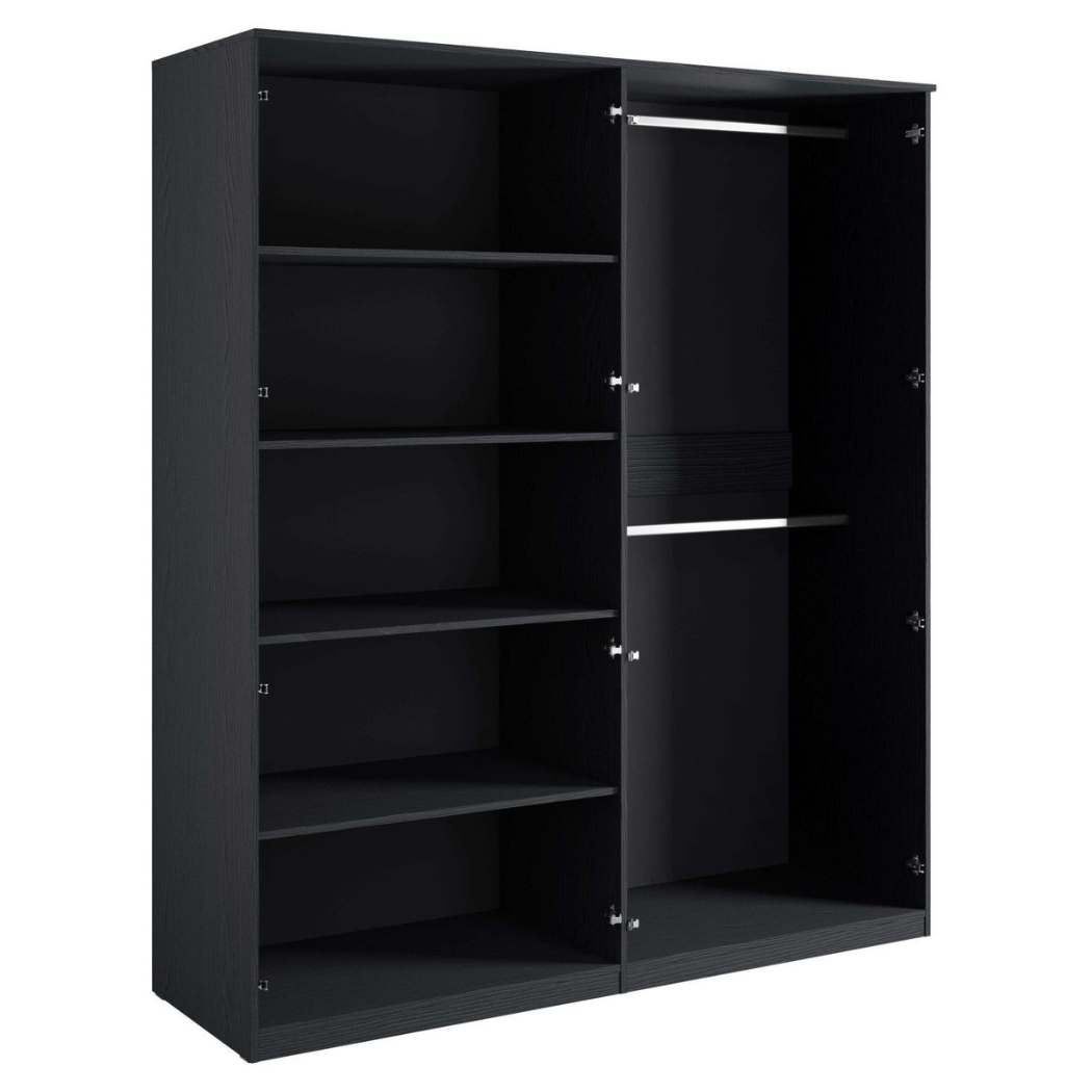 Interior layout of matte black wardrobe highlighting storage sections and integrated hanging rod