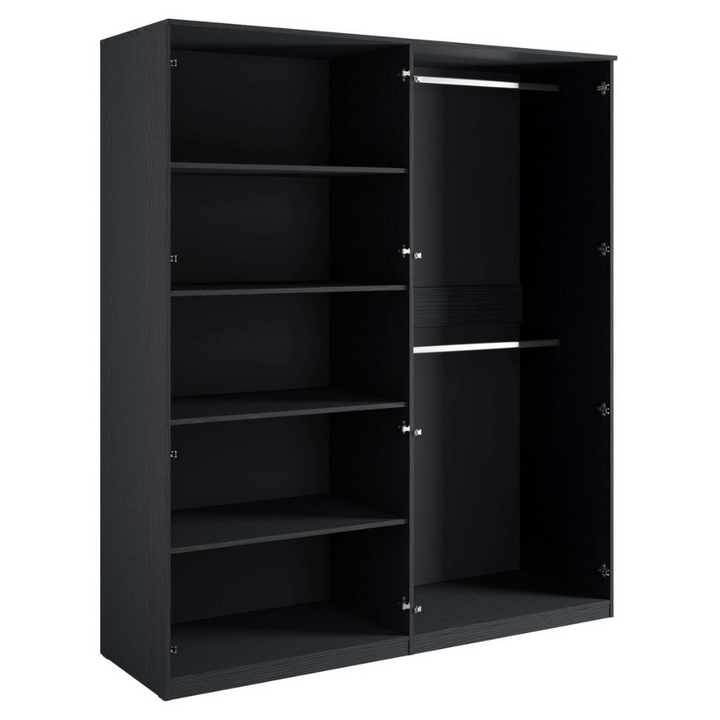 Interior layout of matte black wardrobe highlighting storage sections and integrated hanging rod