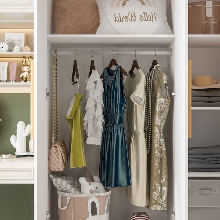 Modern white finish wardrobe with 1 oval hanging rod to keep your outfits crisp and ready to wear.