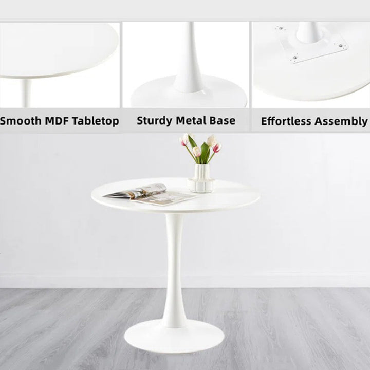 modern round dining table in white with smooth MDF tabletop, sturdy metal base and effortless assembly
