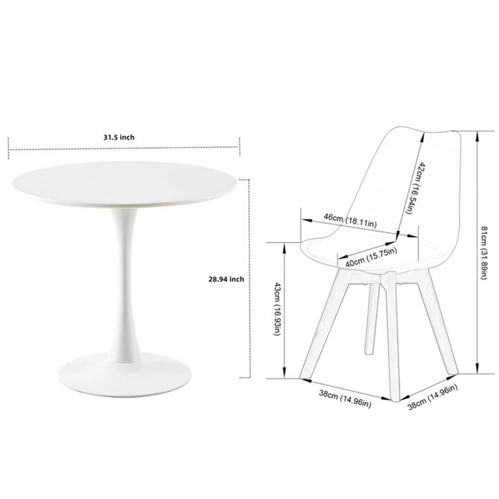 dimension of white dining table and chair on a white background