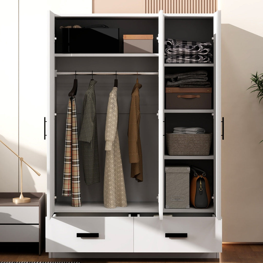 Open modular wardrobe with clothes and storage bins in a modern room setting
