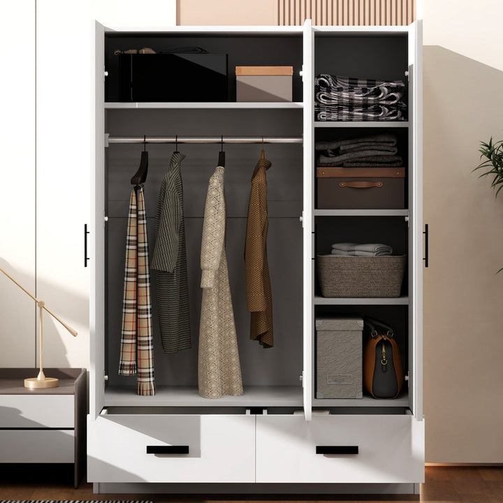 Open modular wardrobe with clothes and storage bins in a modern room setting
