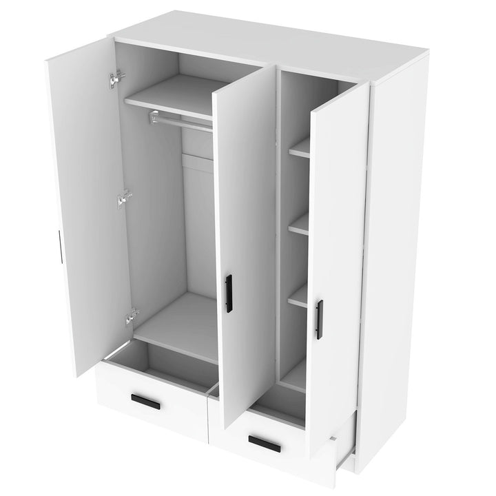 Elegant white wardrobe with open doors on a white background