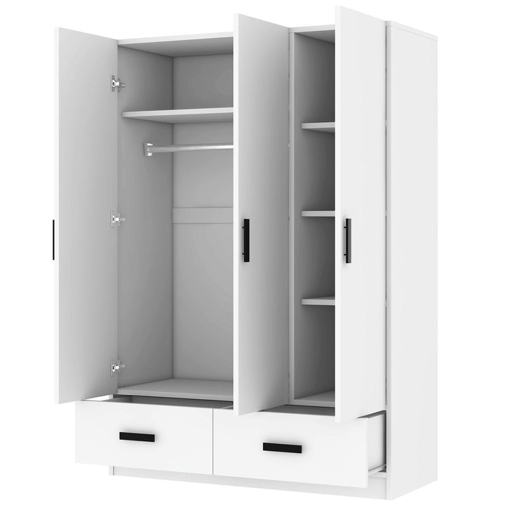 White PU-finished wardrobe with open doors on a white background