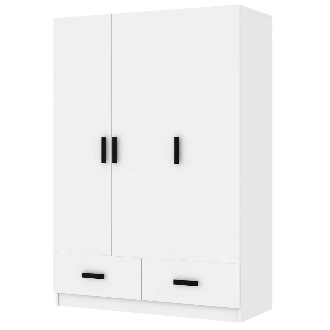 White modular wardrobe design with black handles on a white background