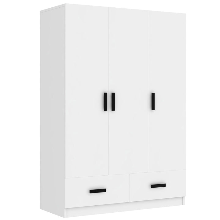 White modular wardrobe with black handles on a white background