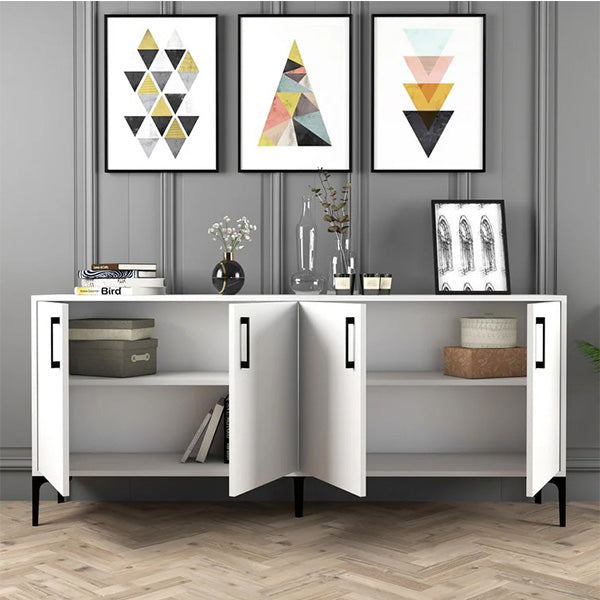white PU-finish sideboard cabinet with black legs and handles for living room