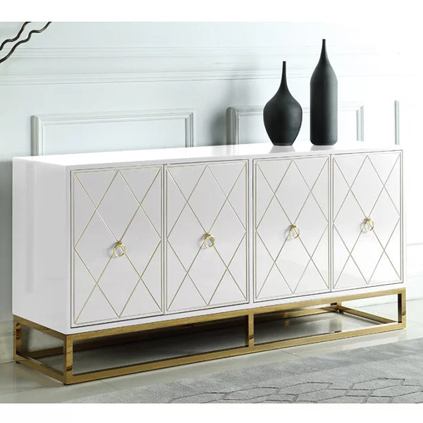 designer white sideboard with stylish geometrics design on the panel with golden stands