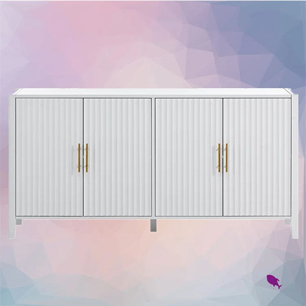 white sideboard with golden handles and vertical lines design for dining space