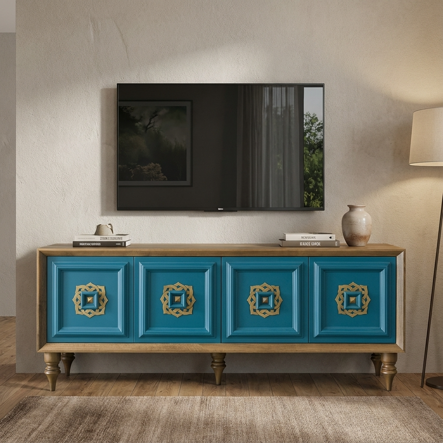 Teal entertainment console with wooden top against a wall with a TV.
