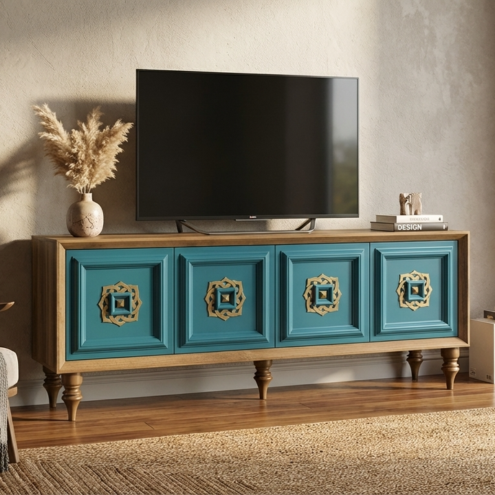 Teal and wooden TV stand with a television mounted on a wall.