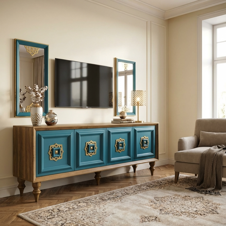 Living room with a luxury teal tv unit, television, and decorative elements.