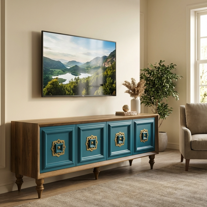 Teal entertainment console with decorative elements in a living room setting.