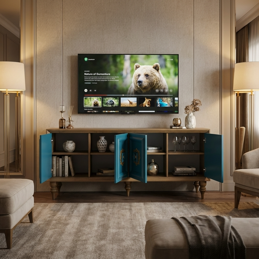 Living room with a TV displaying a bear on the screen, a wooden tv cabinet with blue doors, and a beige sofa.
