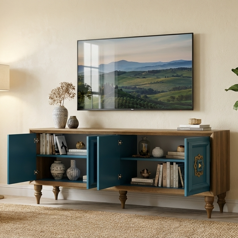 Wooden entertainment console with blue doors in a living room setting.