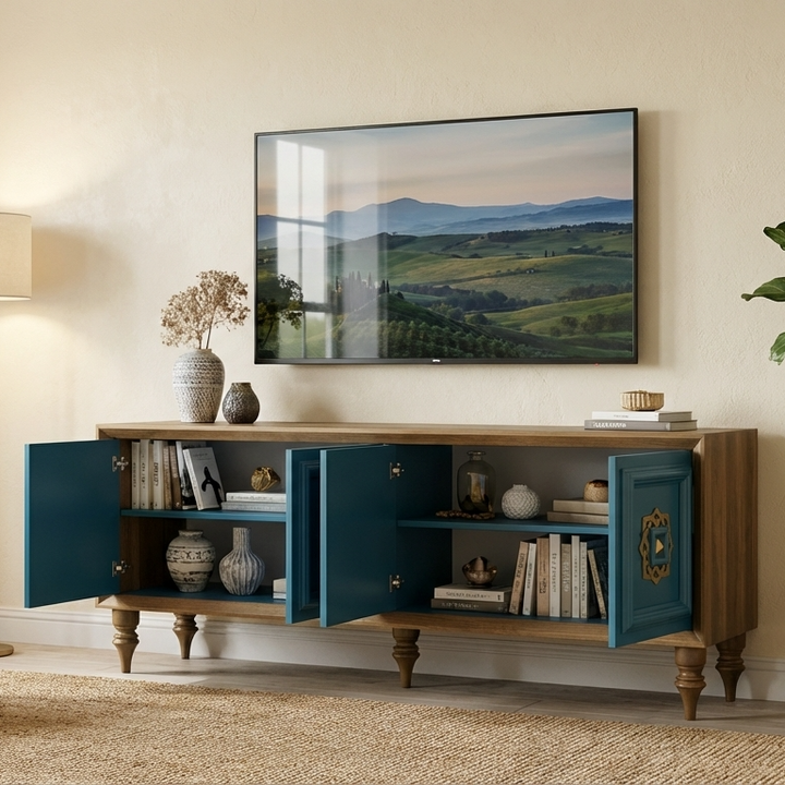 Wooden entertainment console with blue doors in a living room setting.