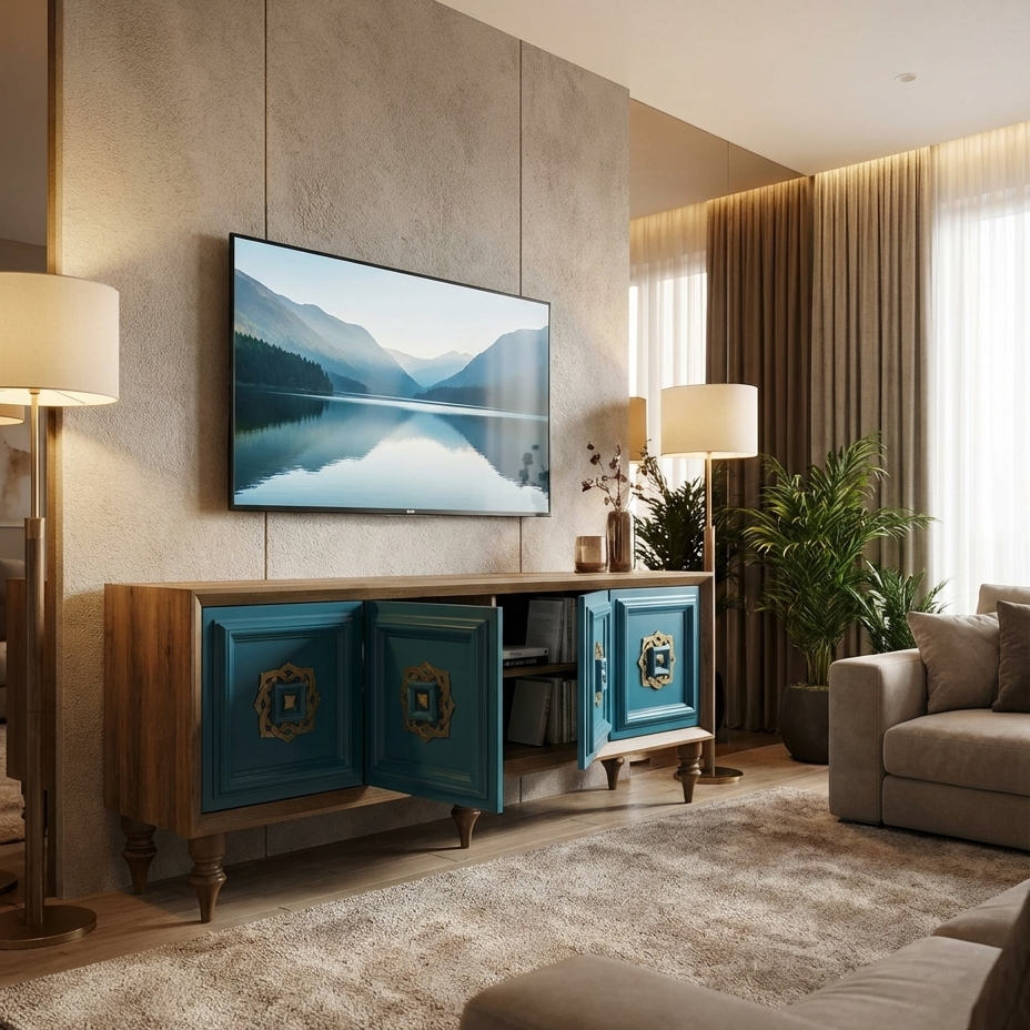 Modern living room with a large TV mounted on the wall, blue tv cabinet, and gray sofa.