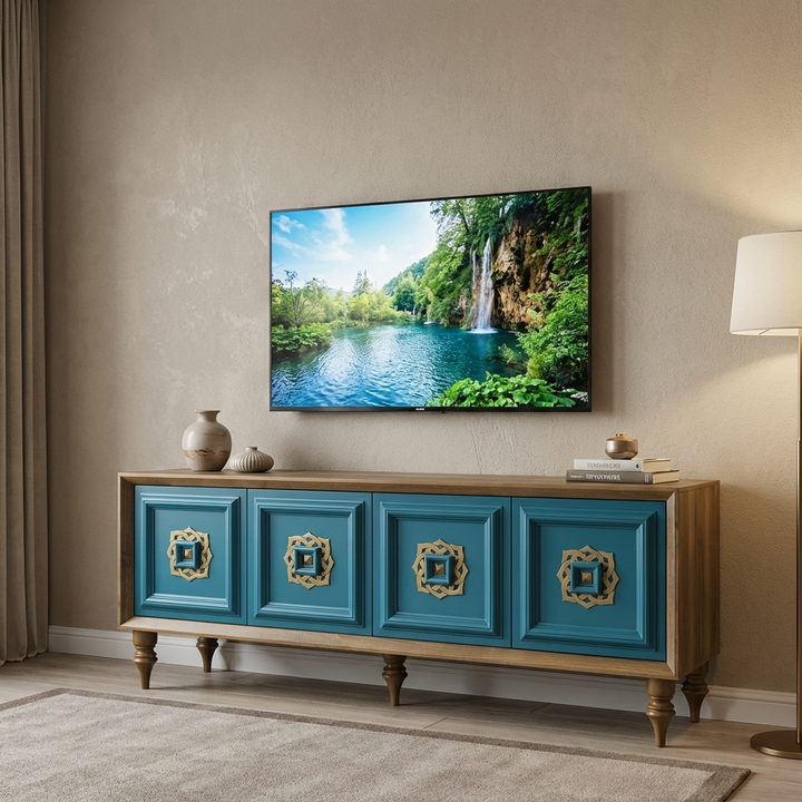 Teal entertainment console with a TV displaying a nature scene in a living room.