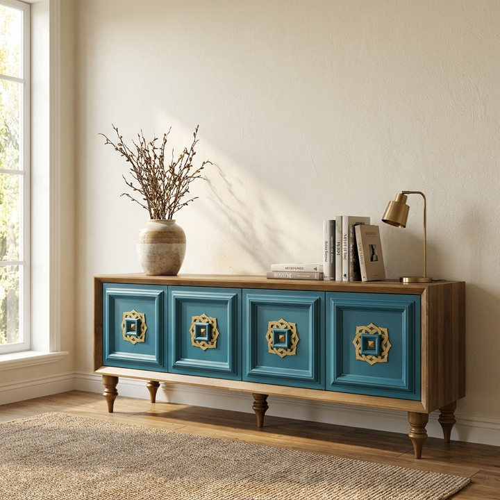 modern tv console table with blue drawers in a room with a window and lamp.