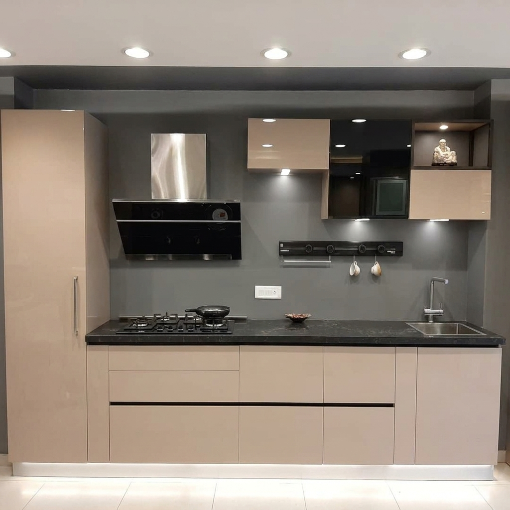 Modern straight kitchen with black countertops and beige cabinets for faridabad homes