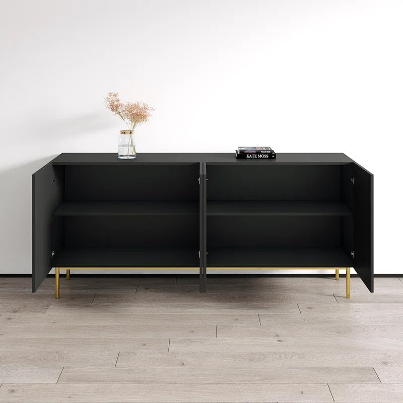 Modern black pu finish sideboard cabinet with 4 openable shutters for storage