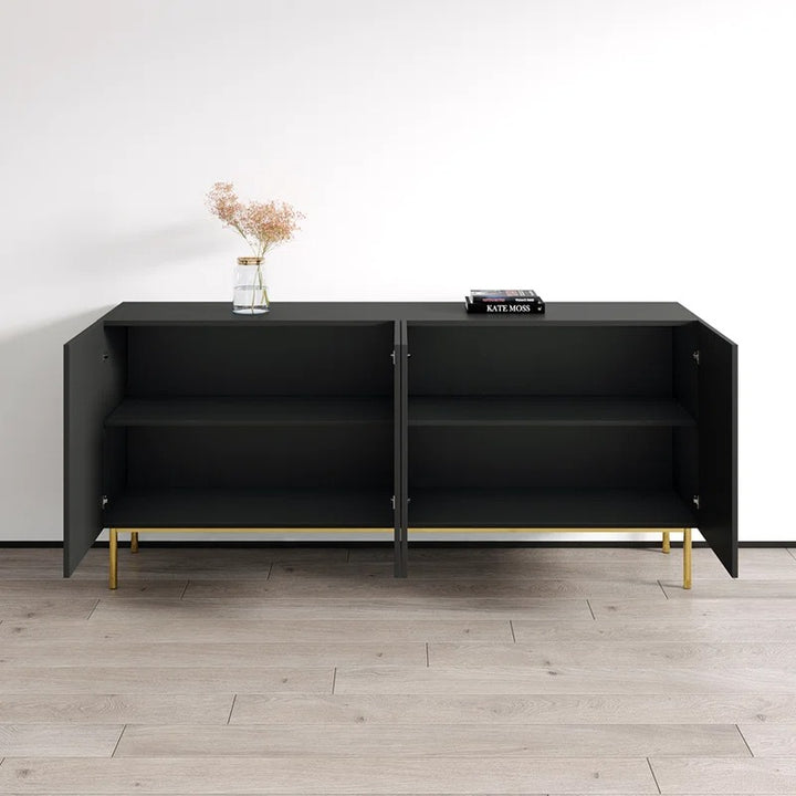 Modern black pu finish sideboard cabinet with 4 openable shutters for storage