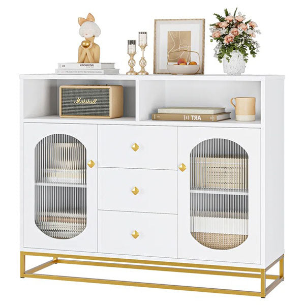 white sideboard with glass doors and golden knobs and stands with open shelves and concealed storage