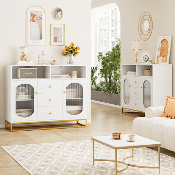 Modern white sideboard cabinet with open shelve and concealed storage