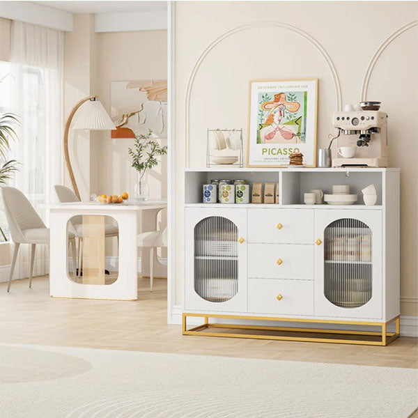 Premium white sideboard cabinet with fluted glass doors and golden knobs