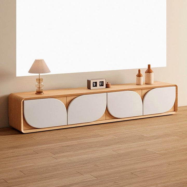 Stylish rubberwood tv unit with lotus design on doors