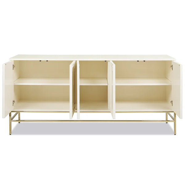 Malcolm white MDF sideboard with open soft-close shutters in a white background