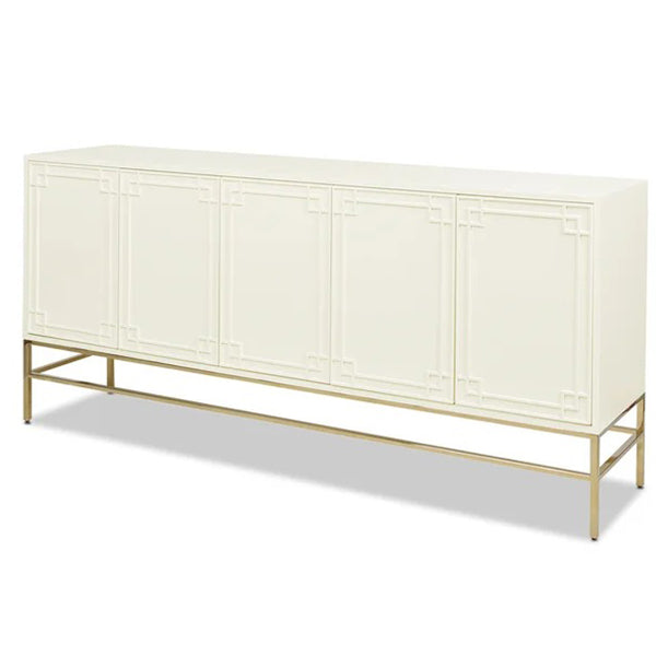 white sideboard cabinet with golden legs placed in a white background