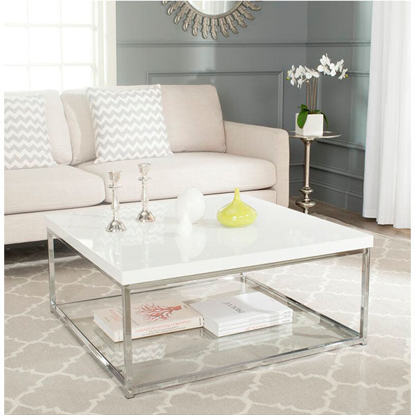modern white coffee table in square with lower glass shelf