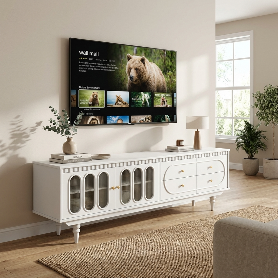 White entertainment console with a TV displaying a bear image in a living room.