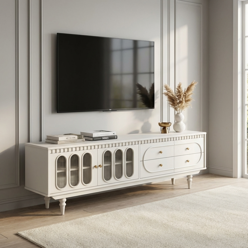 Luxury white entertainment console with decorative items in a living room setting.