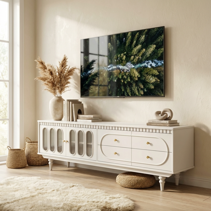 modern white tv stand with decorative items in a living room setting
