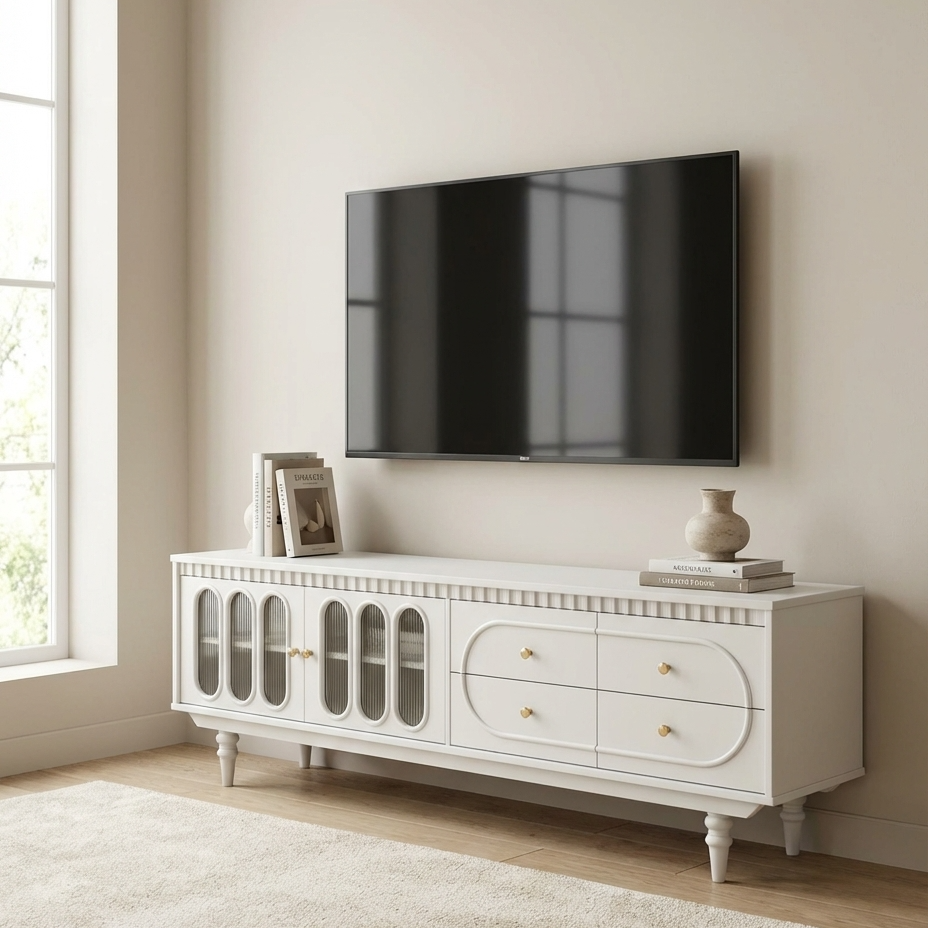 A white TV stand with a television mounted on a beige wall in a room with a window.