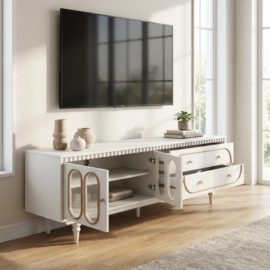 
luxury white entertainment console with open cabinet doors in a bright room.